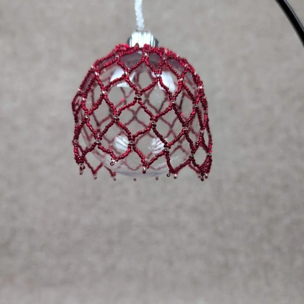 Handmade Red Beaded Christmas Ornament Clear Ball with Silver Hanging Ribbon